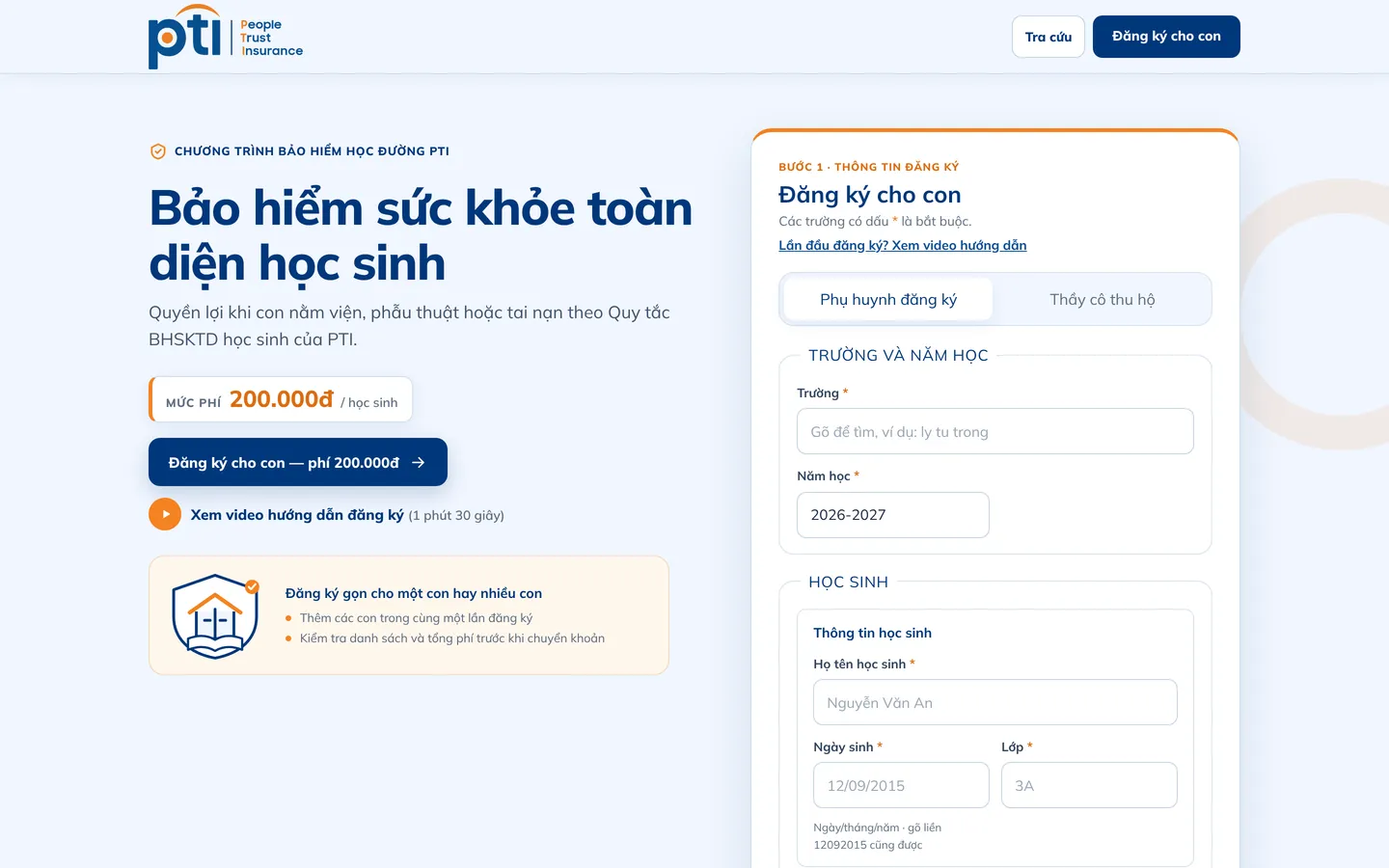 Cổng đăng ký và thu phí bảo hiểm học sinh pti.giftytech.com