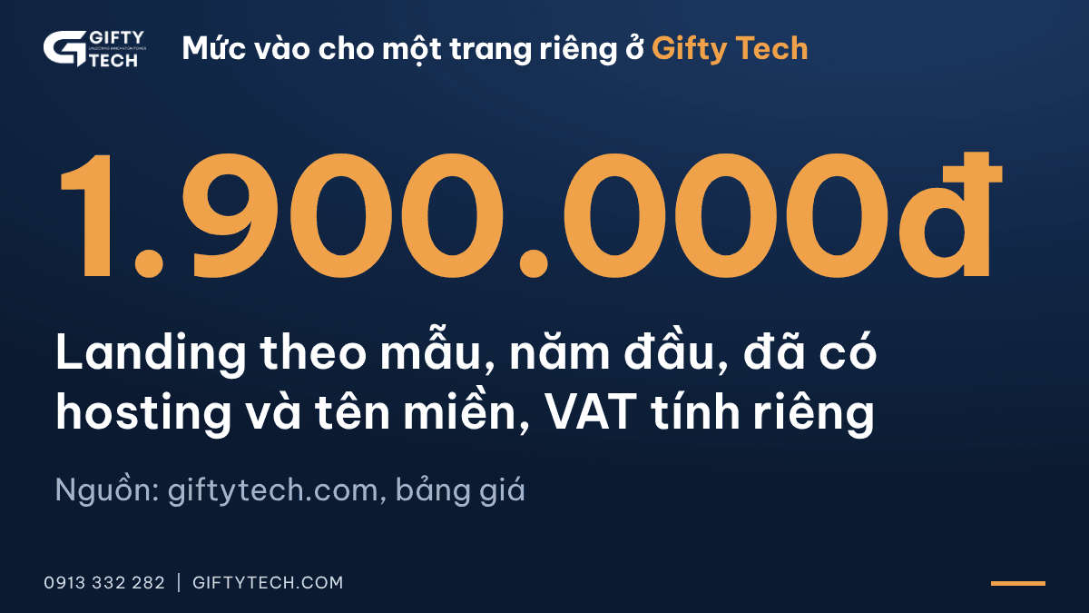 Mức vào cho một trang riêng ở Gifty Tech: 1.900.000đ, Landing theo mẫu, năm đầu, đã có hosting và tên miền, VAT tính riêng; nguồn bảng giá giftytech.com