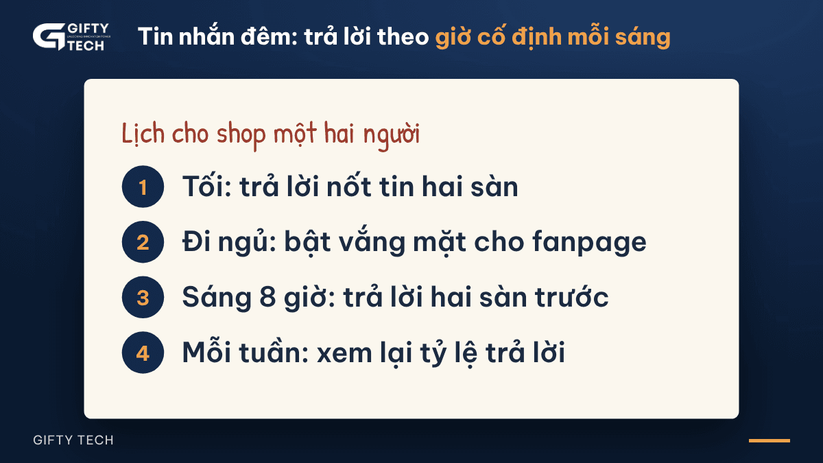 Lịch trả lời tin nhắn đêm cho shop một hai người: tối trả lời nốt tin Shopee và TikTok Shop, trước khi ngủ bật vắng mặt cho fanpage, sáng 8 giờ trả lời hai sàn trước, mỗi tuần xem lại tỷ lệ trả lời