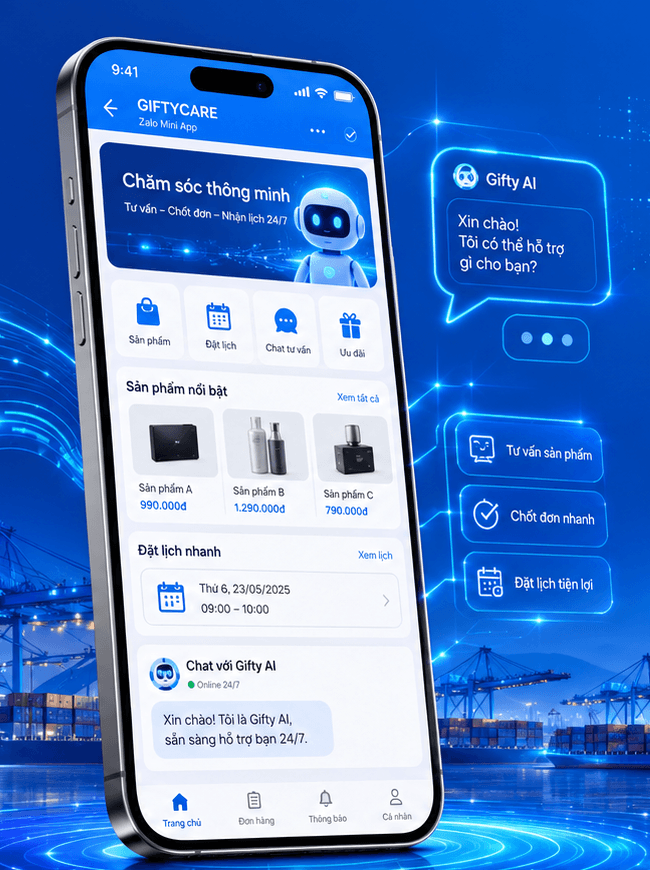 Mô phỏng giao diện GiftyCare trên Zalo Mini App với sản phẩm, đặt lịch và trợ lý AI